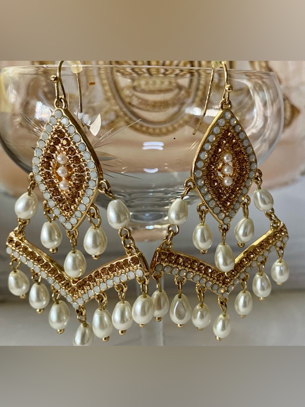 Gold-tone Pearl Drop Chandelier Earrings